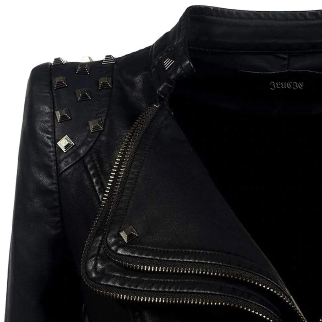 Women's Leather Jacket - Fitted Biker Style - Studded Lapel & Cuffs - Zippered Details