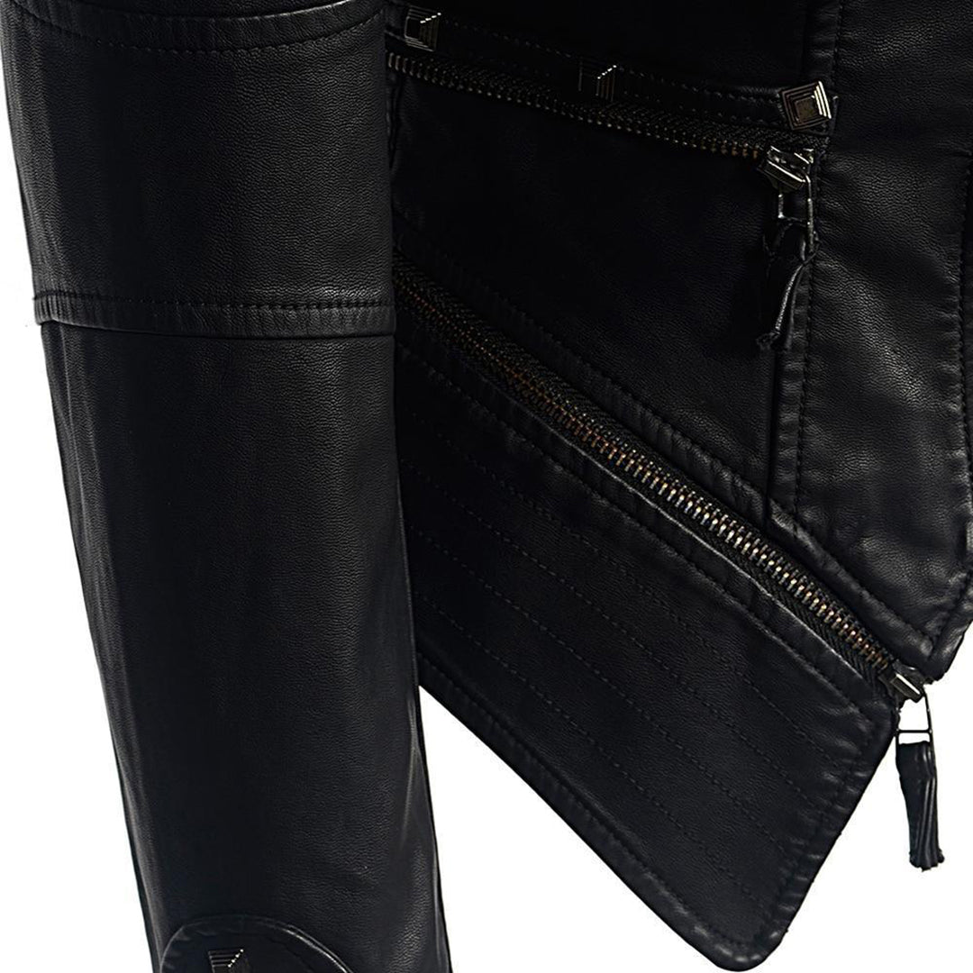Women's Leather Jacket - Fitted Biker Style - Studded Lapel & Cuffs - Zippered Details