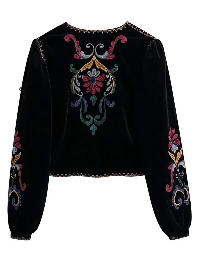 Velvet Crop Blazer for Women - Contrast Embroidery, Luxury, Long Sleeve Outerwear