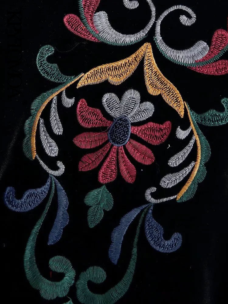 Velvet Crop Blazer for Women - Contrast Embroidery, Luxury, Long Sleeve Outerwear