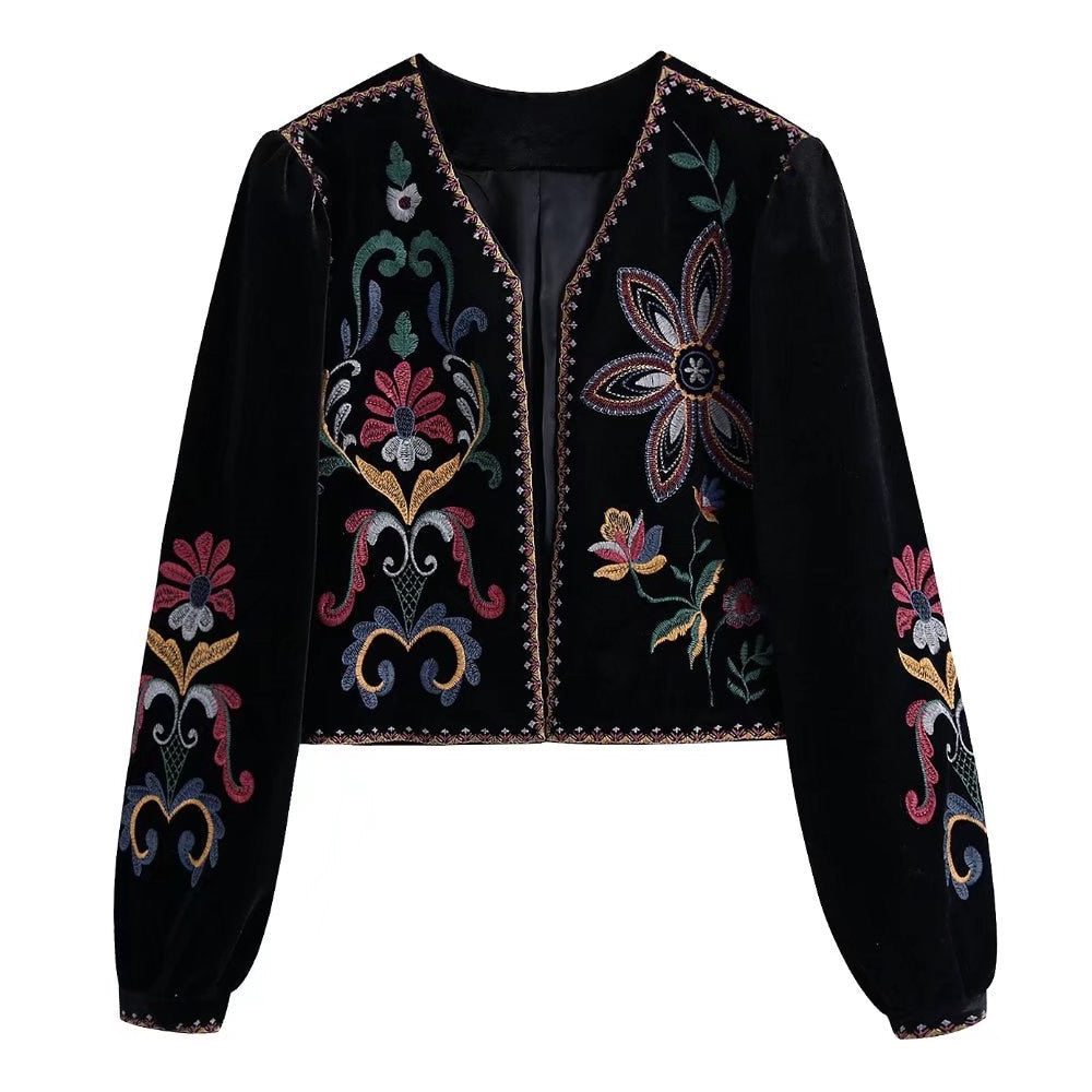 Velvet Crop Blazer for Women - Contrast Embroidery, Luxury, Long Sleeve Outerwear