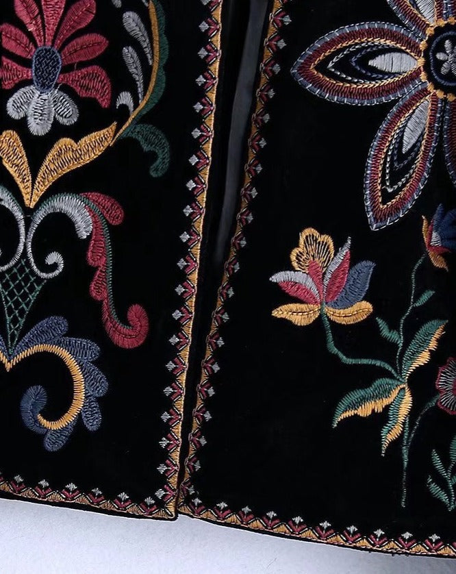Velvet Crop Blazer for Women - Contrast Embroidery, Luxury, Long Sleeve Outerwear