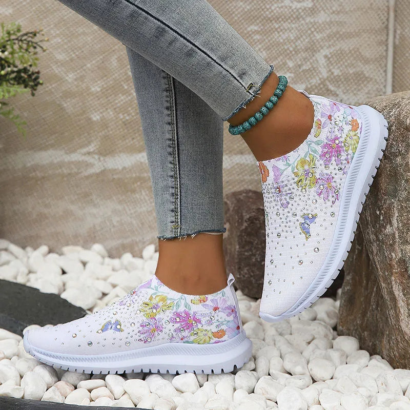 Breathable knitted platform shoes with floral pattern