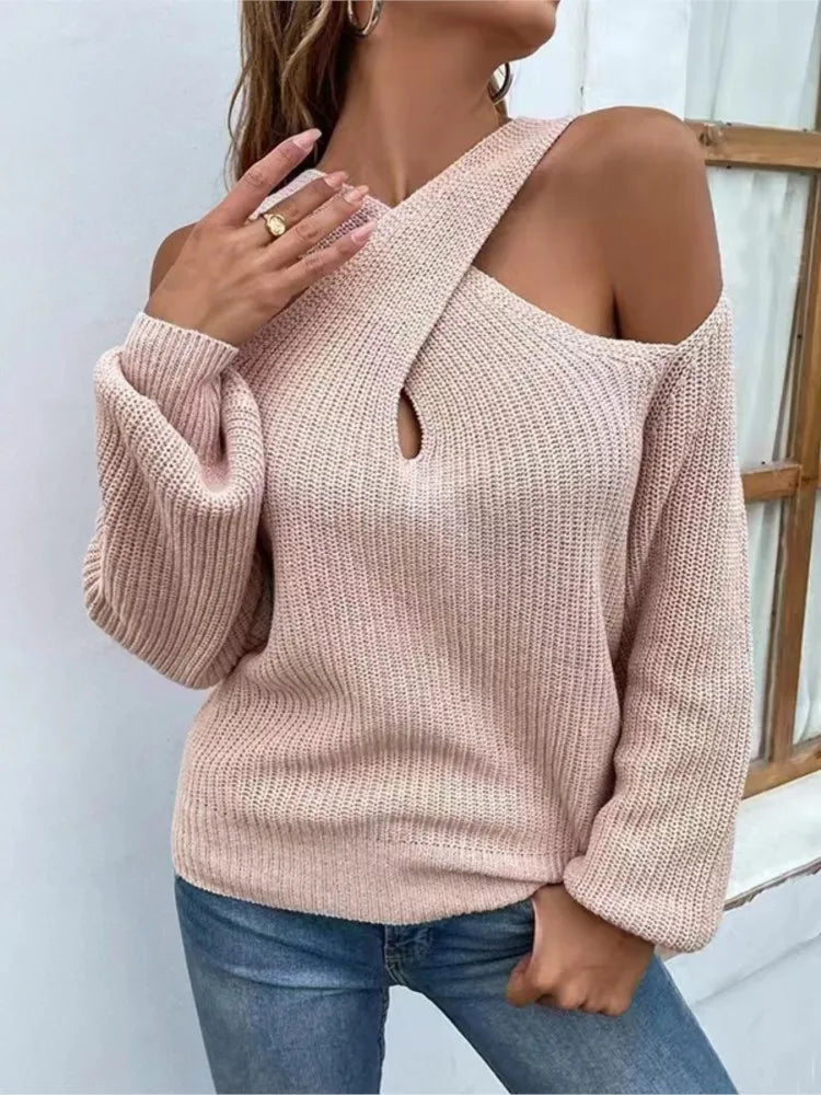 Solid Colour Shoulder Drop Cross Neck Sweater