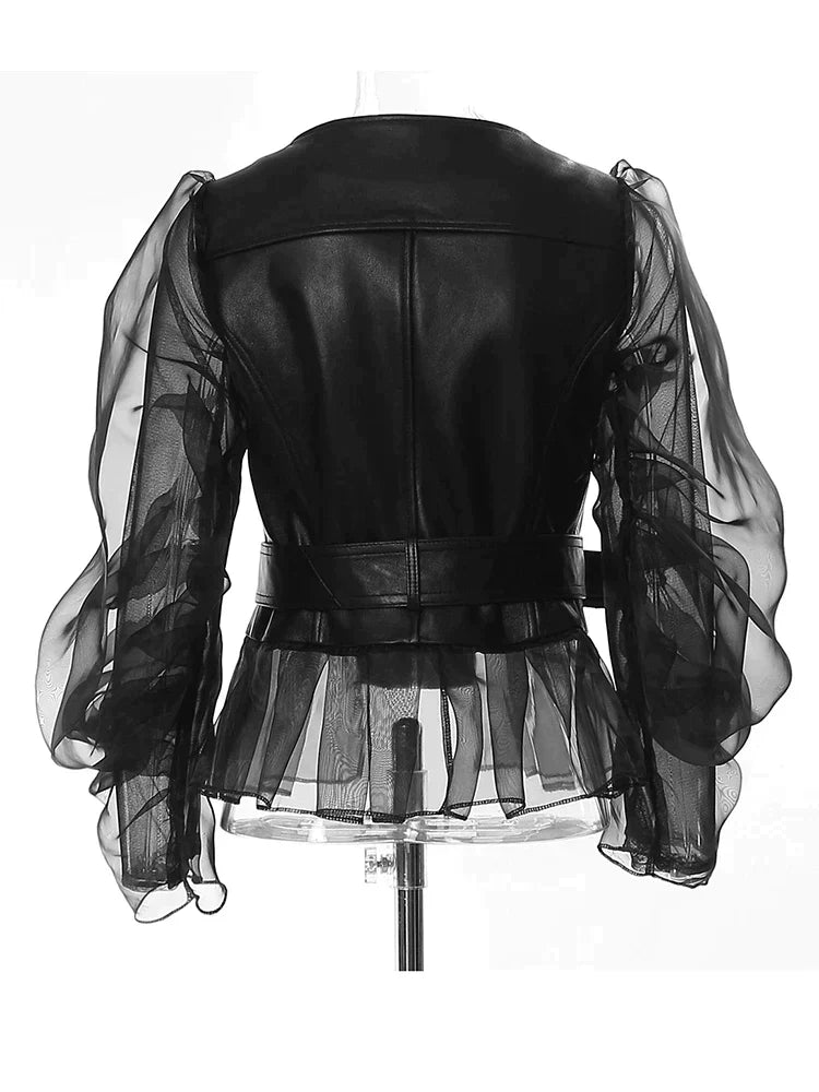 Women's Faux Leather Jacket - Sheer Ruffled Sleeves - Belted Waist - Front Zip Closure