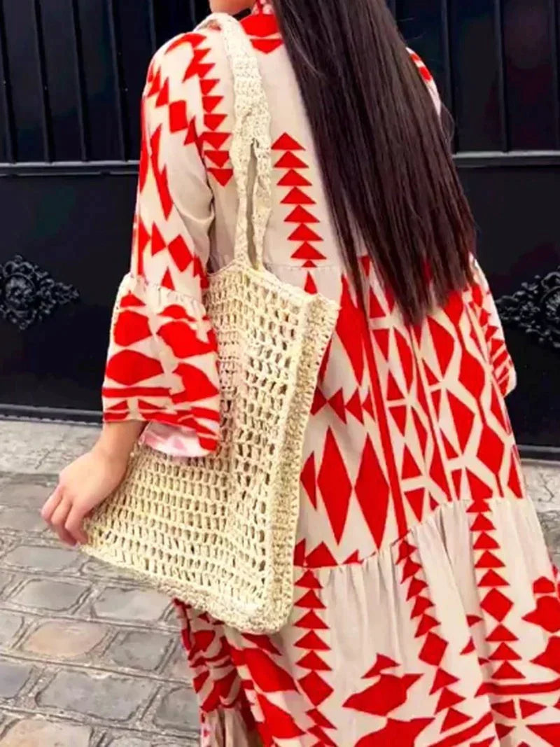 Oversized Dress With Retro Print and V-neckline