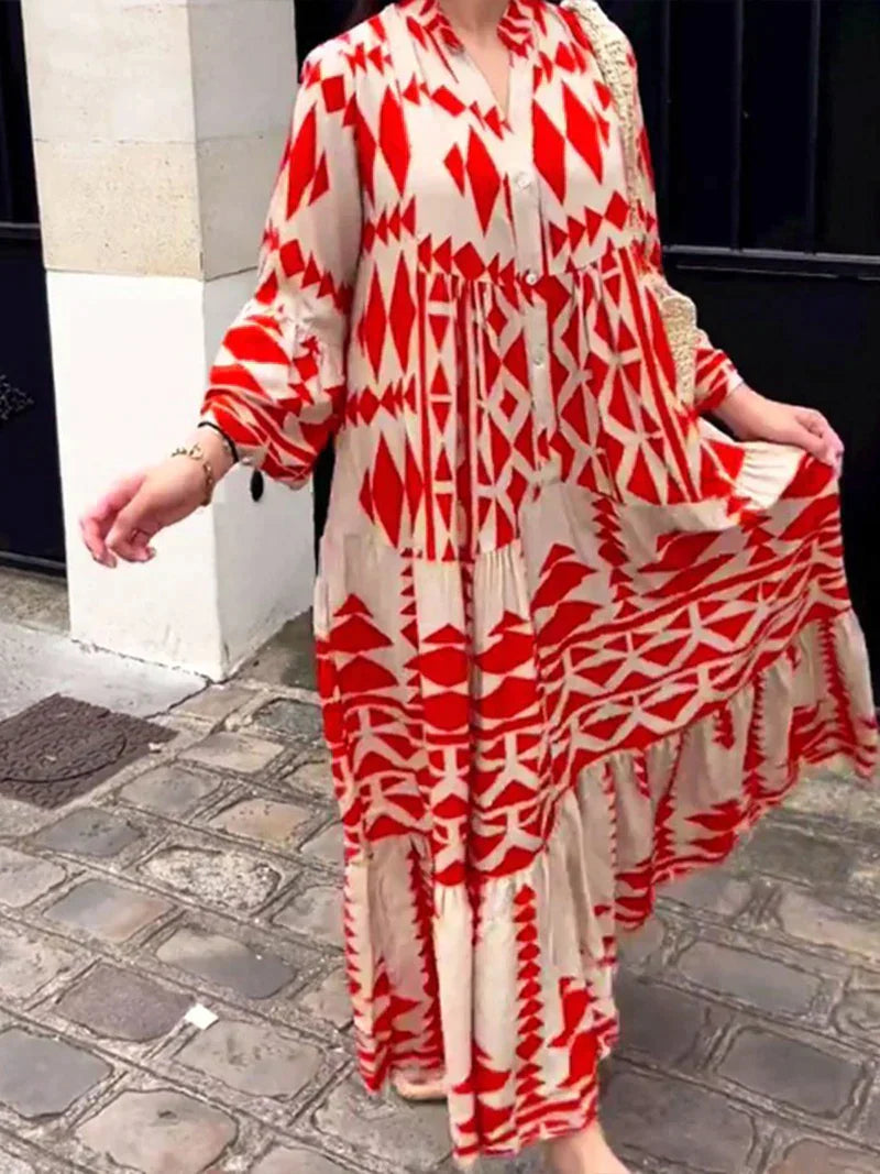 Oversized Dress With Retro Print and V-neckline