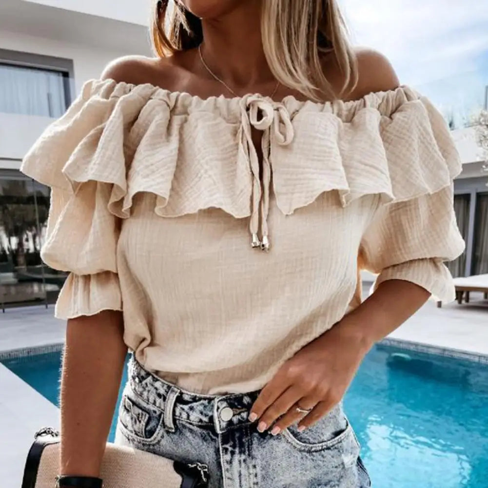 Women's off-the-shoulder ruffled blouse with lacing and tie ribbon