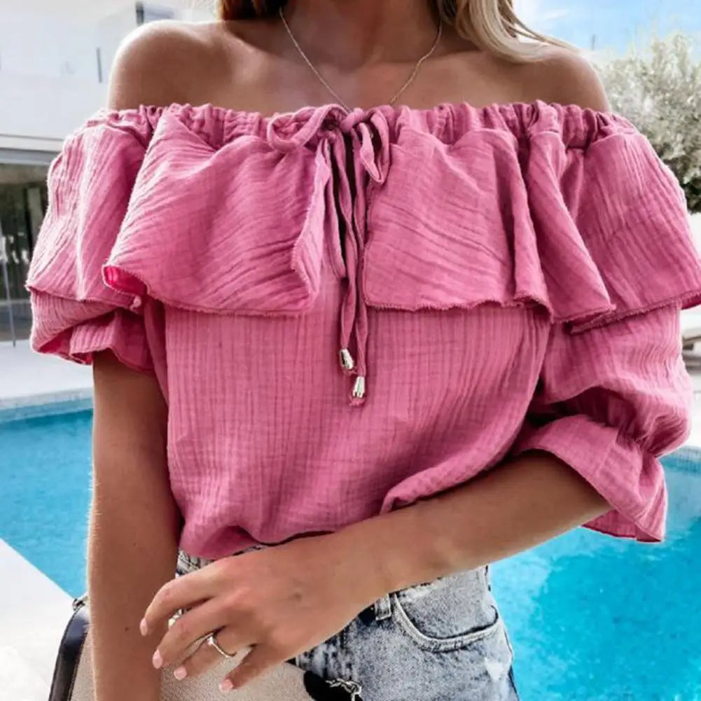 Women's off-the-shoulder ruffled blouse with lacing and tie ribbon