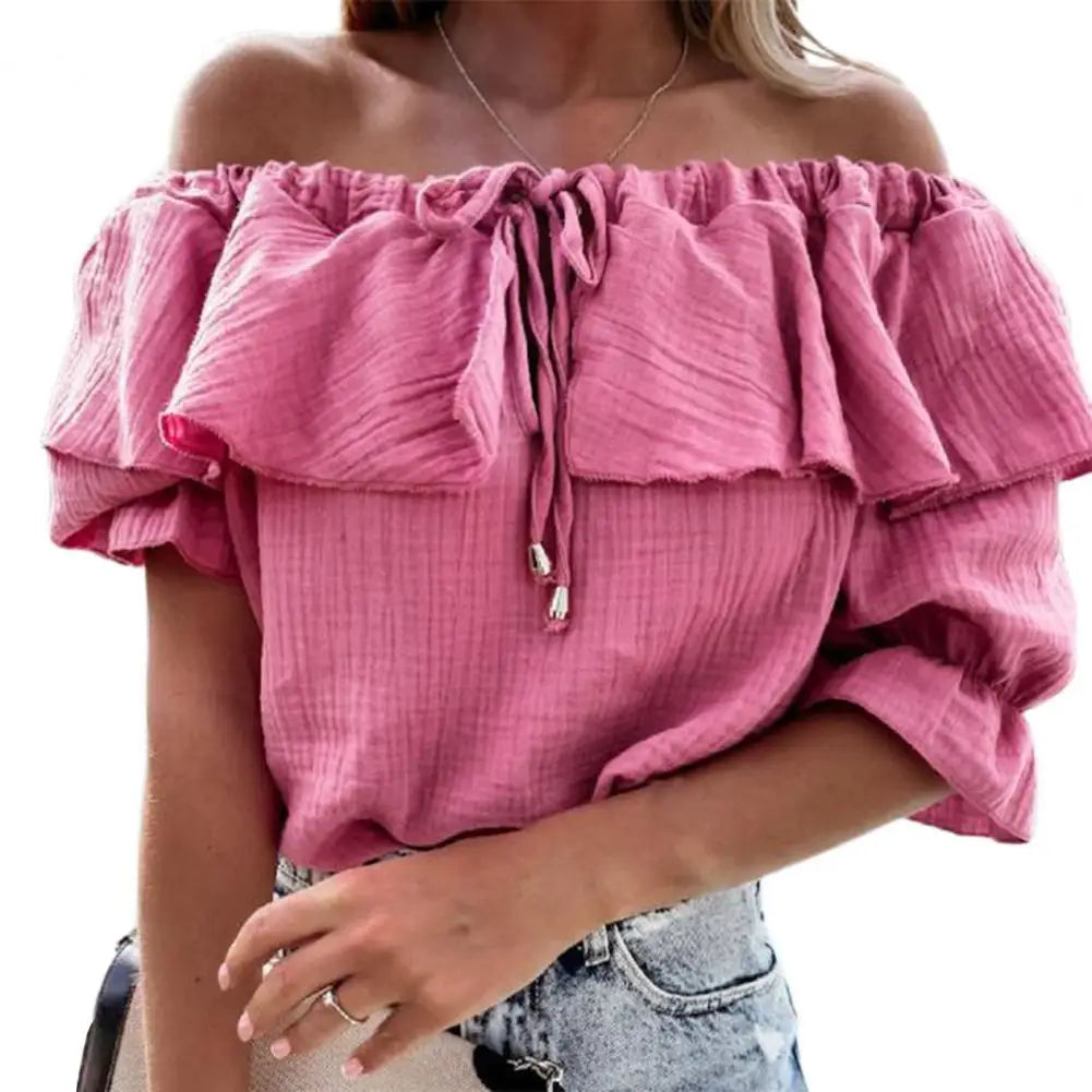 Women's off-the-shoulder ruffled blouse with lacing and tie ribbon