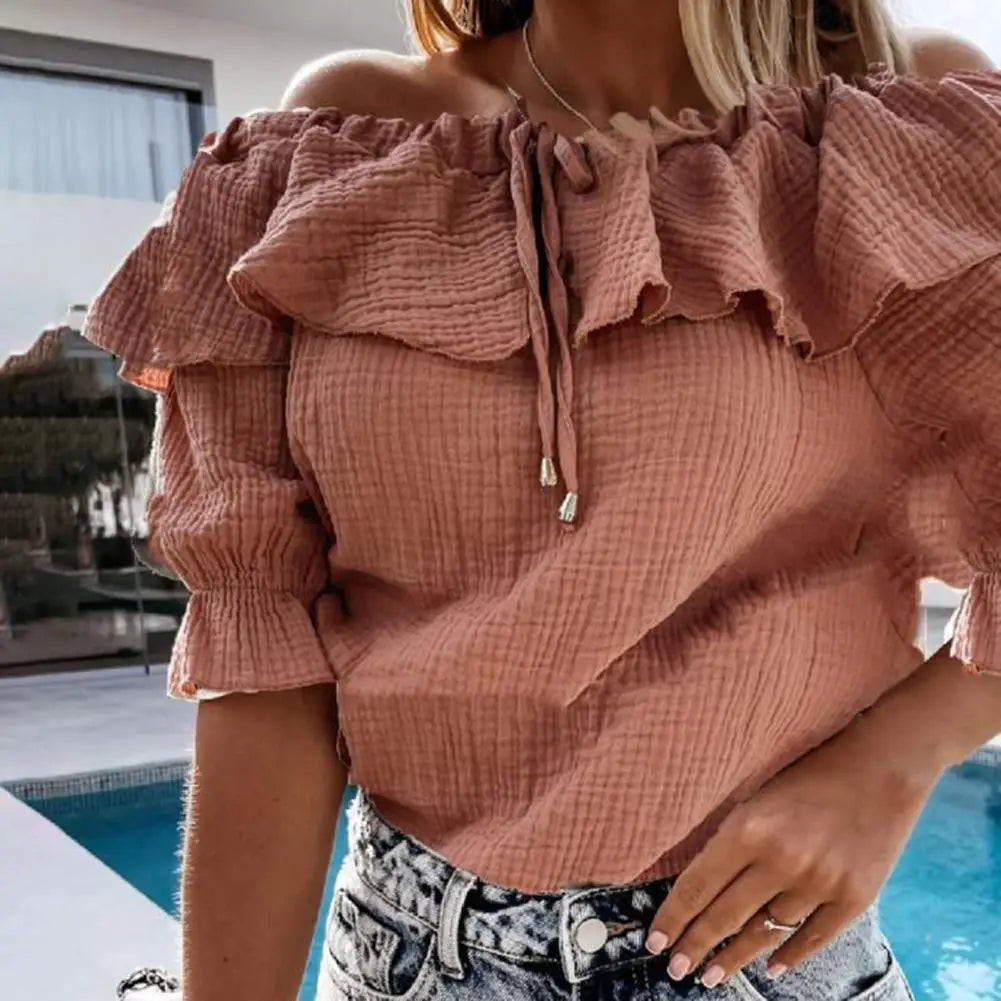 Women's off-the-shoulder ruffled blouse with lacing and tie ribbon