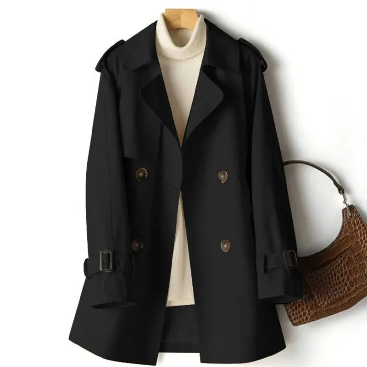 Women's Trench Coat - Double Breasted - Belted Cuffs - Wide Lapels - Classic Fit