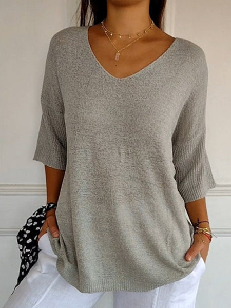 Women's Solid Color Knitted 3/4 Sleeve V-neck Top