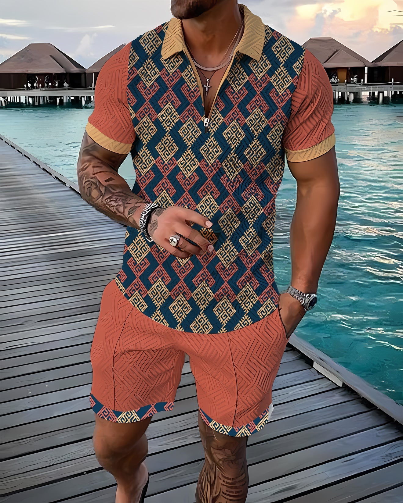 Diamond Dapper Polo Shirt And Shorts Co-Ord