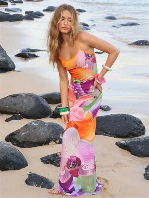 Shiny printed spaghetti hot back free maxi dress