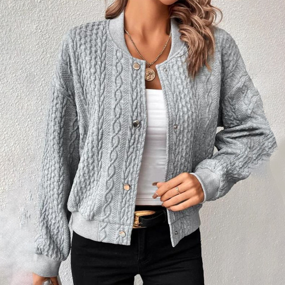 Women's Bomber Jacket - Cable-Knit Textured - Ribbed Hem & Cuffs - Snap Button Closure