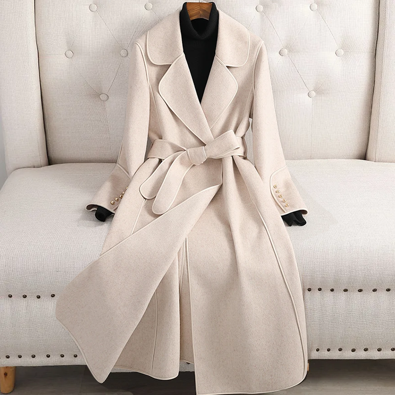 Women's Wool Trench Coat - Fitted Silhouette - Belted Waist - Notched Lapel Collar