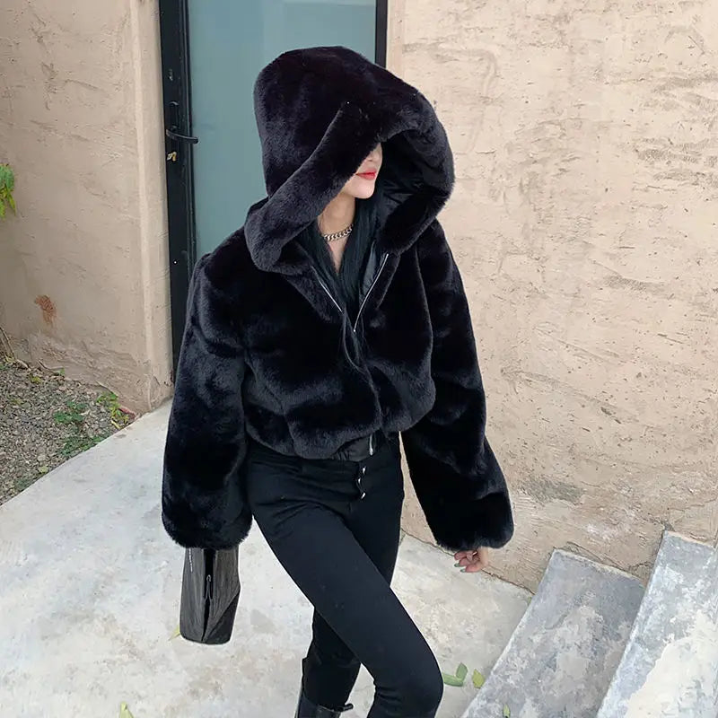 Women's Cropped Hooded Faux Fur Coat