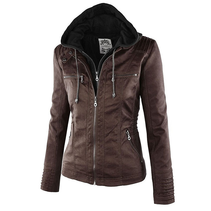 Imitation leather coat - ladies hooded jacket: Basic PU jacket