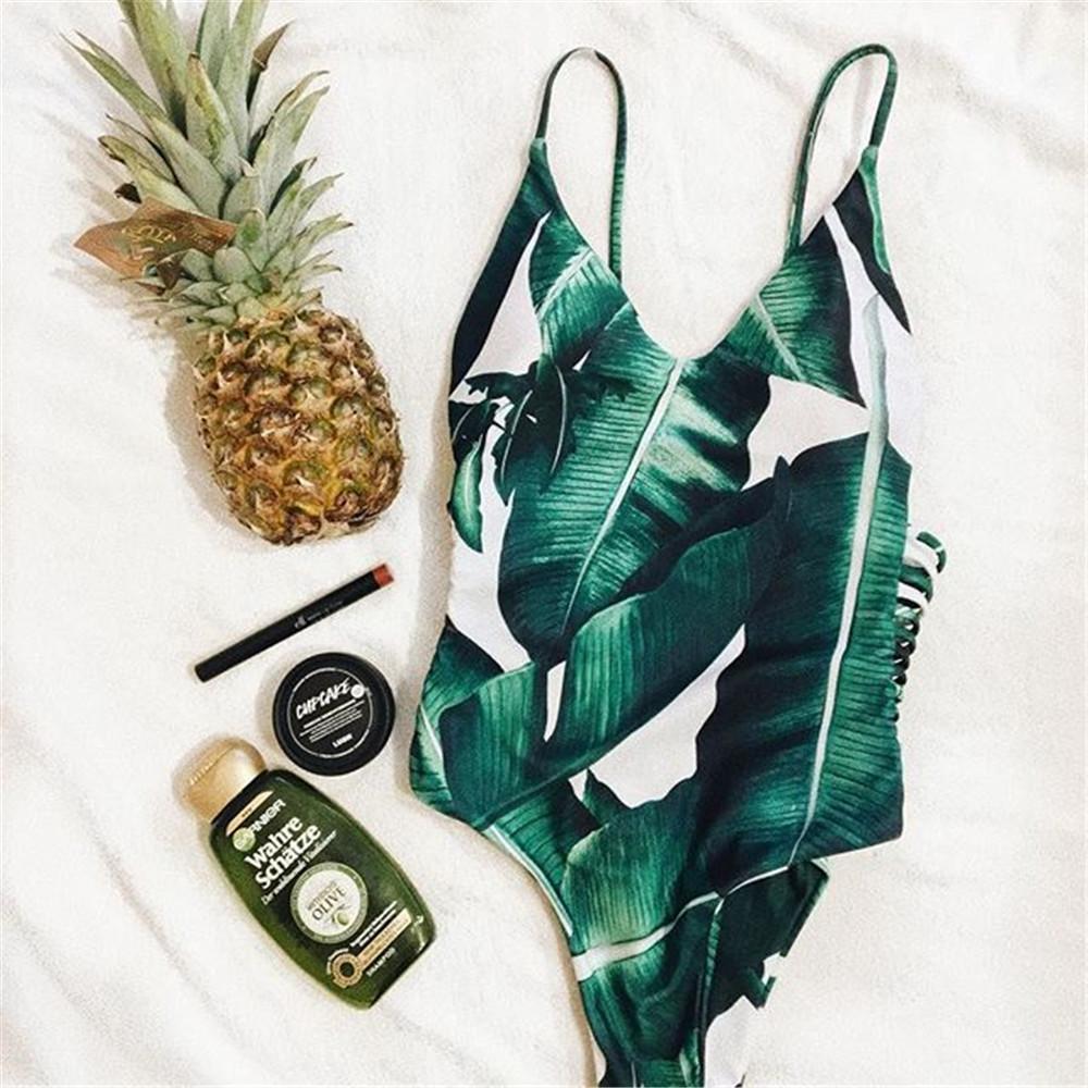 Sexy Leaf Print Hollow Out Bandage Bathing Suit