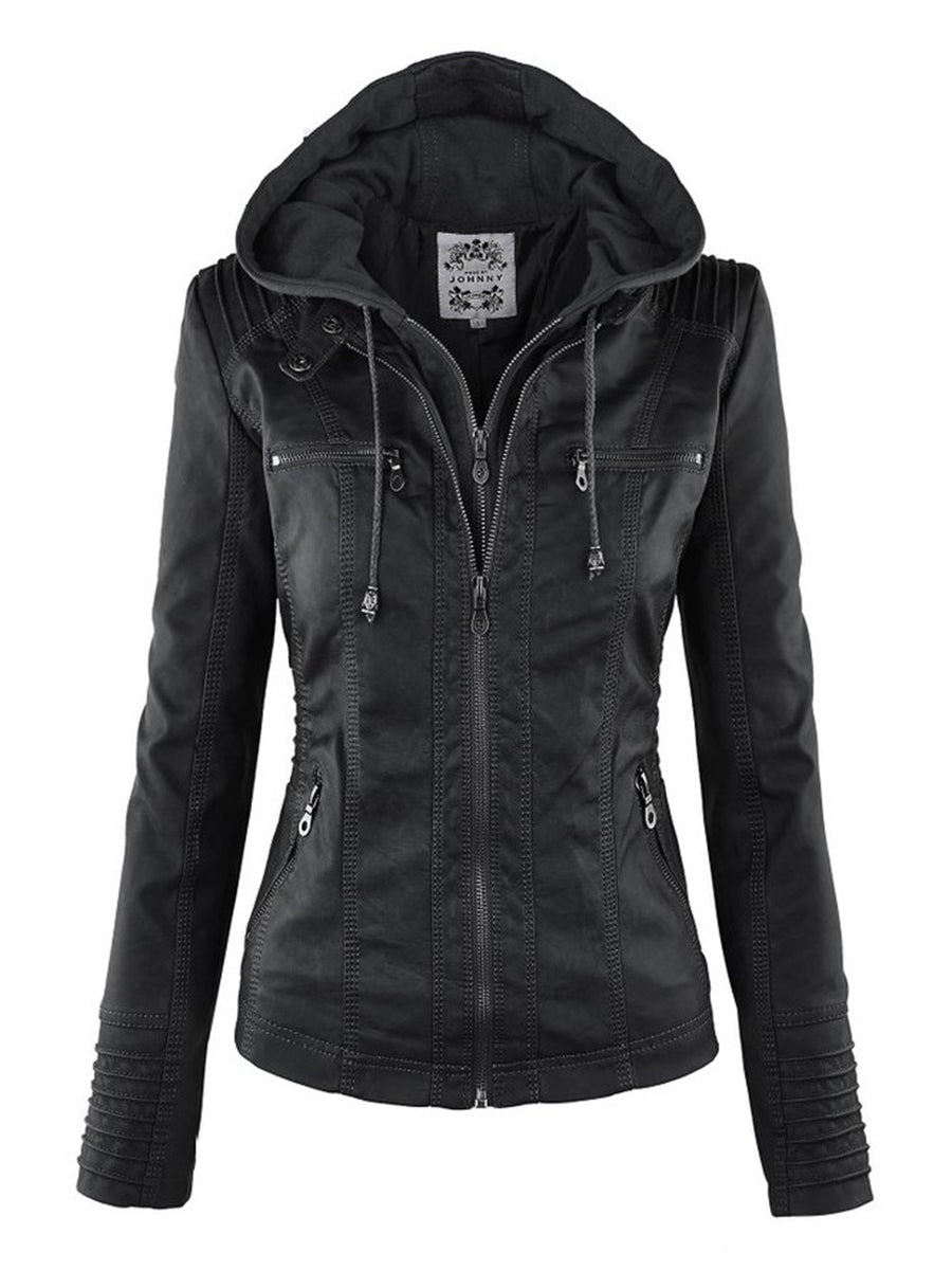 Imitation leather coat - ladies hooded jacket: Basic PU jacket