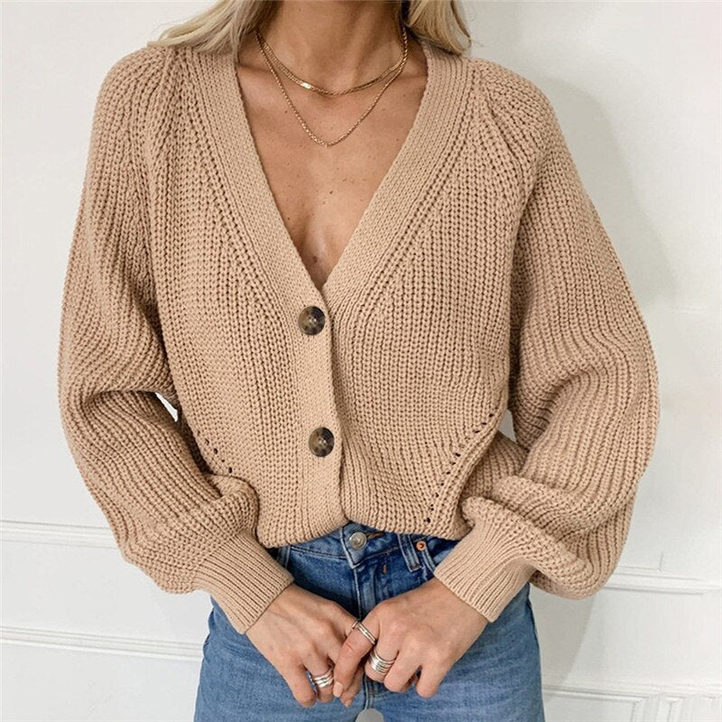 Ribbed cuffs knitted deep v-neck cardigan for women