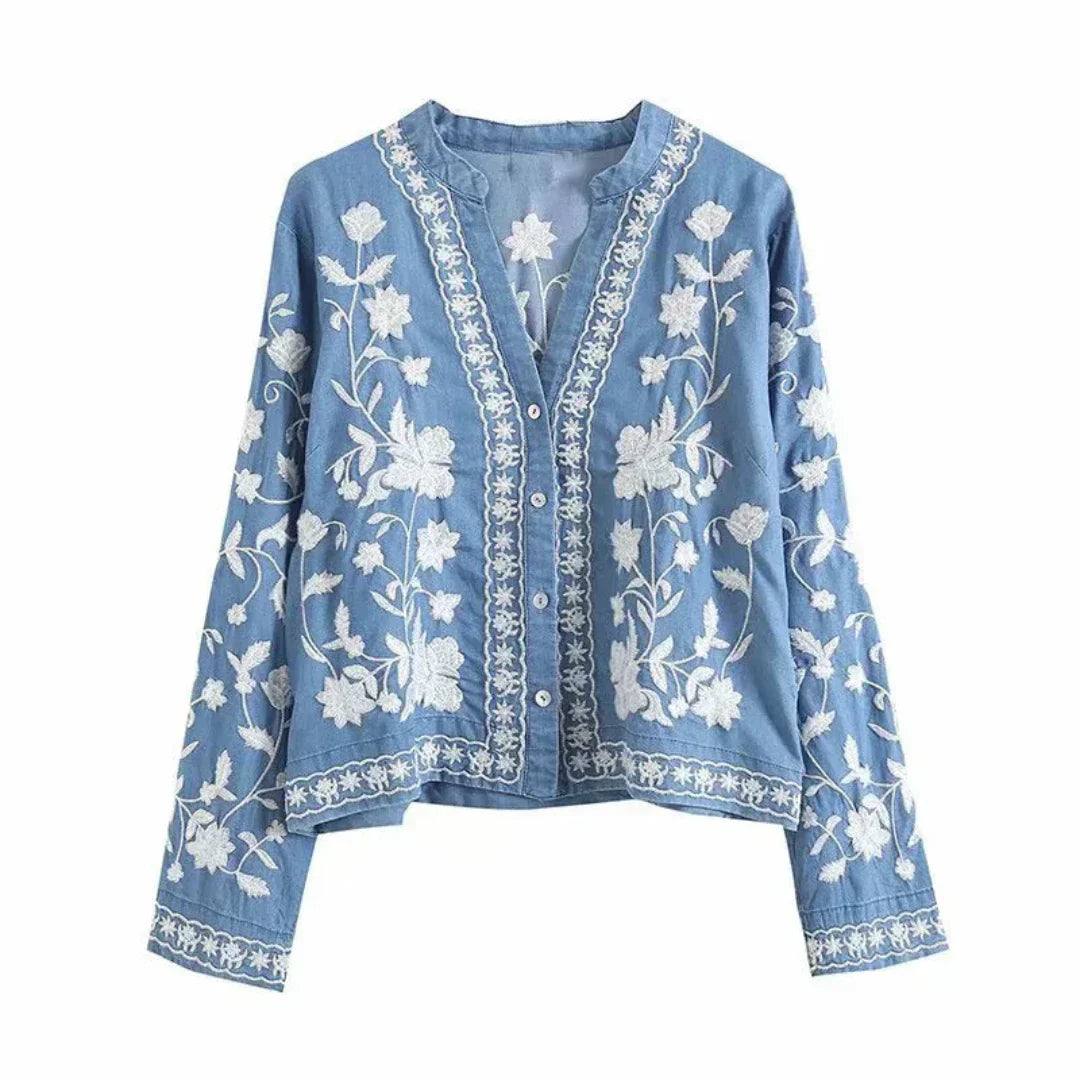 Women's Denim Jacket - Embroidered Floral Design - Button Front - Relaxed Fit