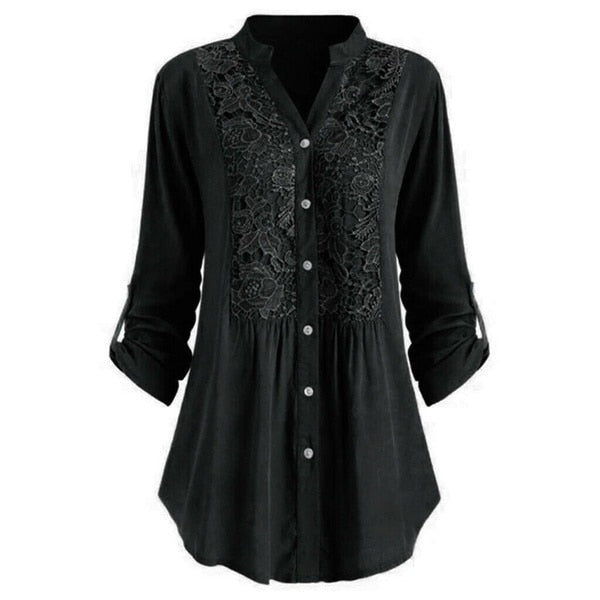 Stylish lace blouse - Ladies' long-sleeved shirt with button placket and stand-up collar