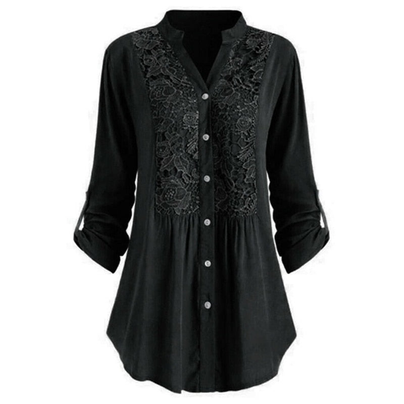 Stylish lace blouse - Ladies' long-sleeved shirt with button placket and stand-up collar