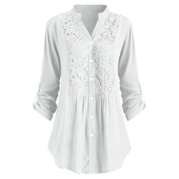 Stylish lace blouse - Ladies' long-sleeved shirt with button placket and stand-up collar