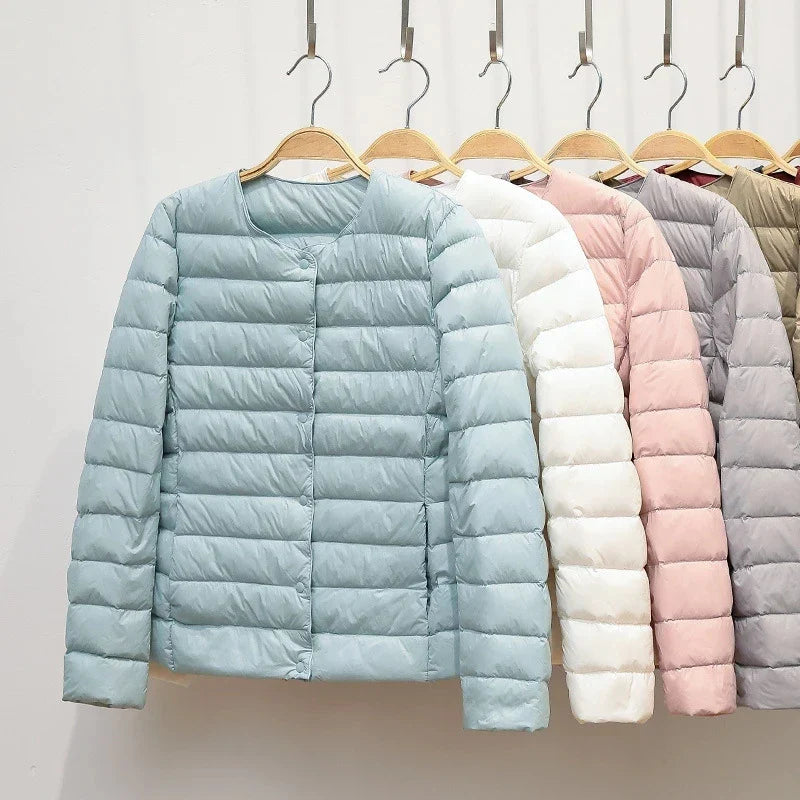 Women's Puffer Jacket - Lightweight Quilted - Button Front - Round Neck Casual Wear