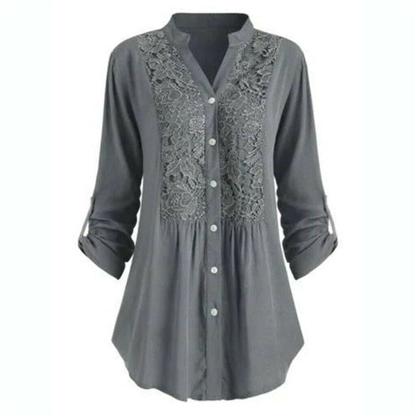 Stylish lace blouse - Ladies' long-sleeved shirt with button placket and stand-up collar