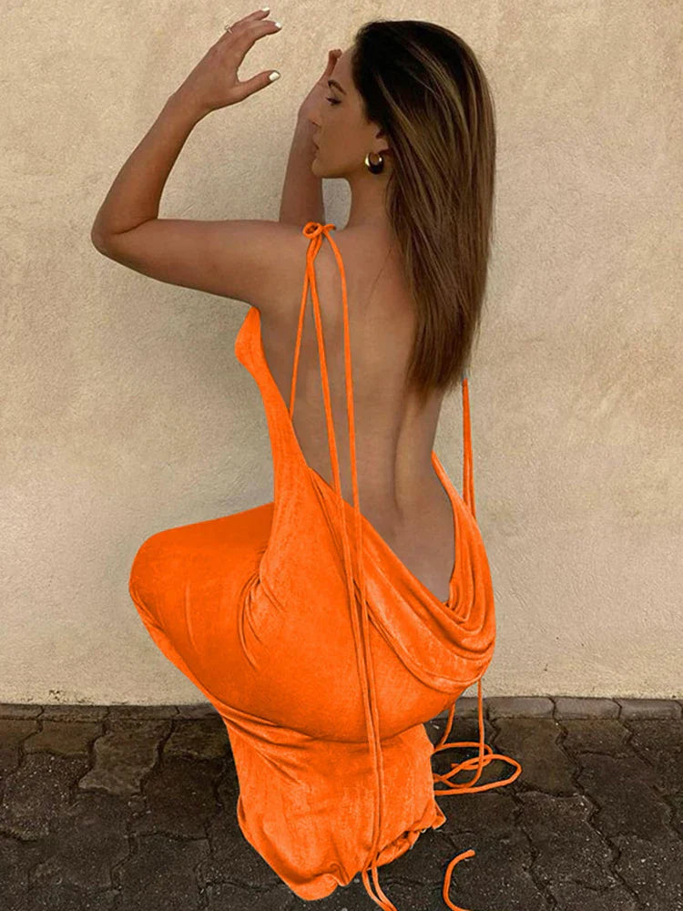 Women's maxi dress without back and sleeves: Cut-out detail, drawstring at the waist