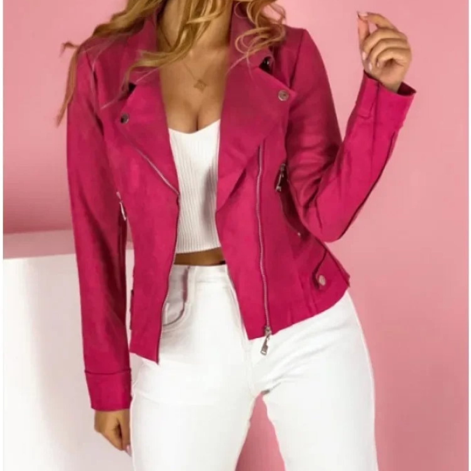 Ladies Leather Jacket with Turn Down Collar