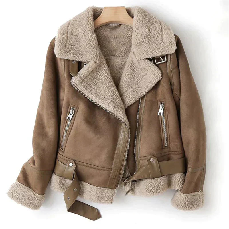 Leather jacket with sherpa lining for women