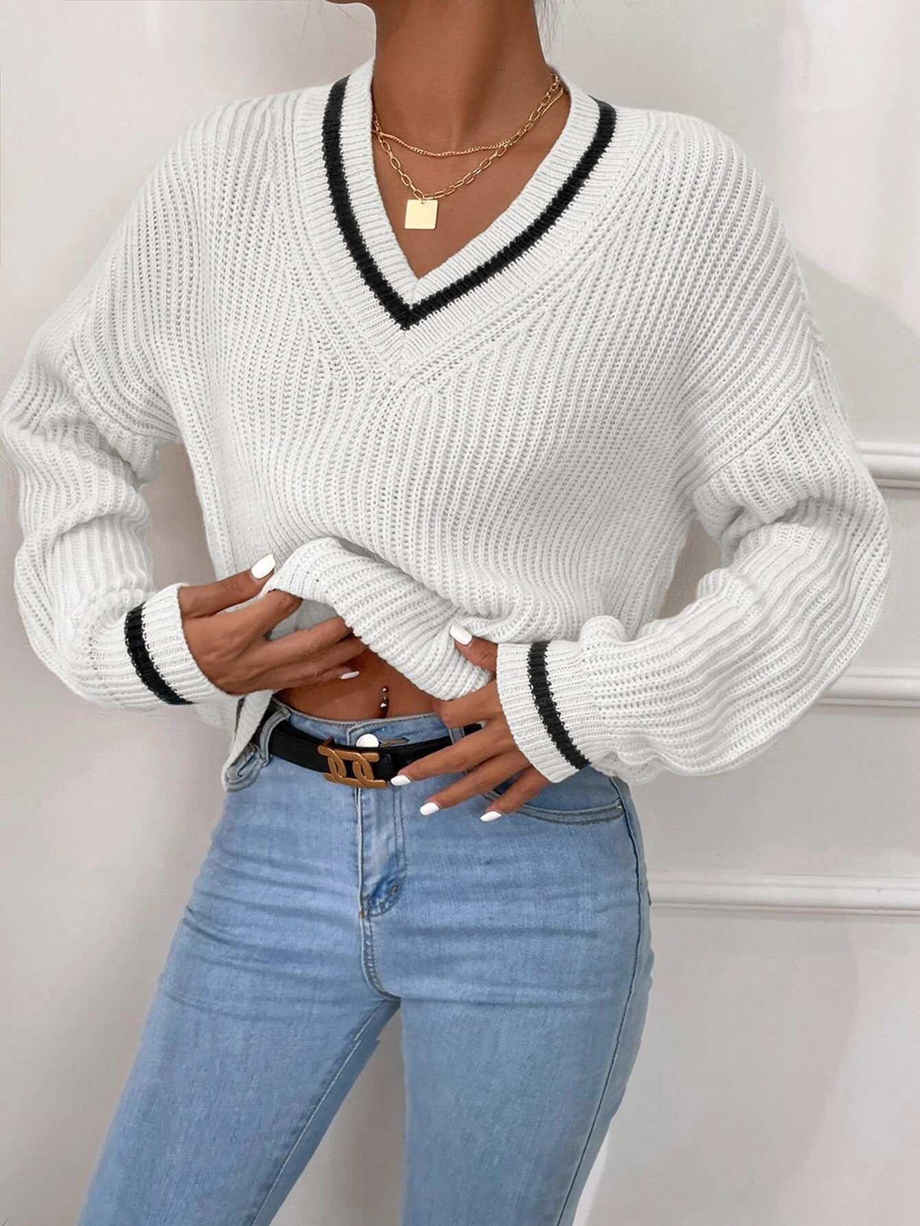 Sweater with patchwork V-neck