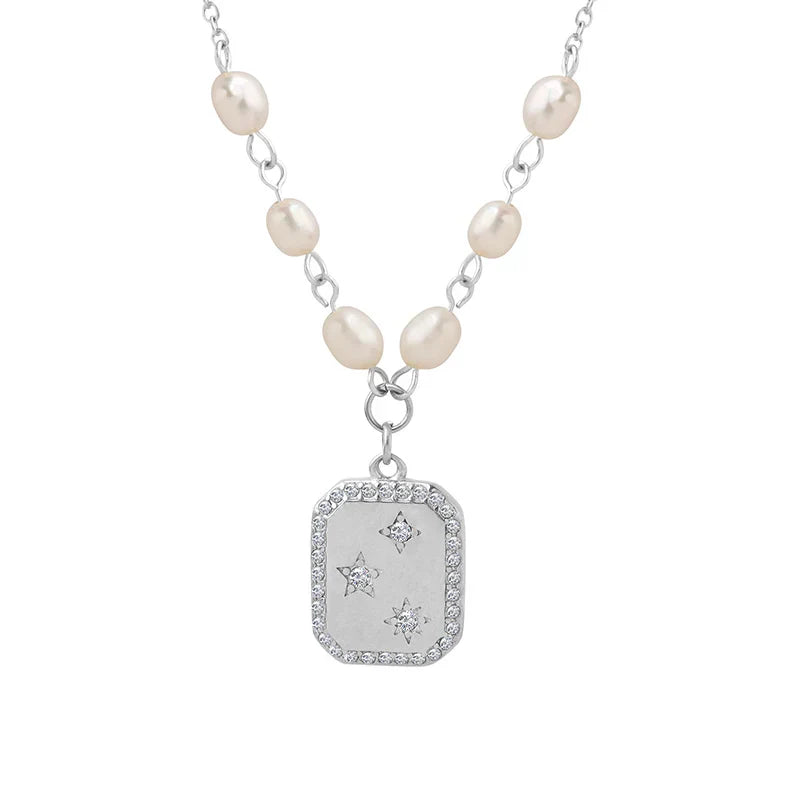 Nadia - Beaded chain necklace with ornate rectangular pendant