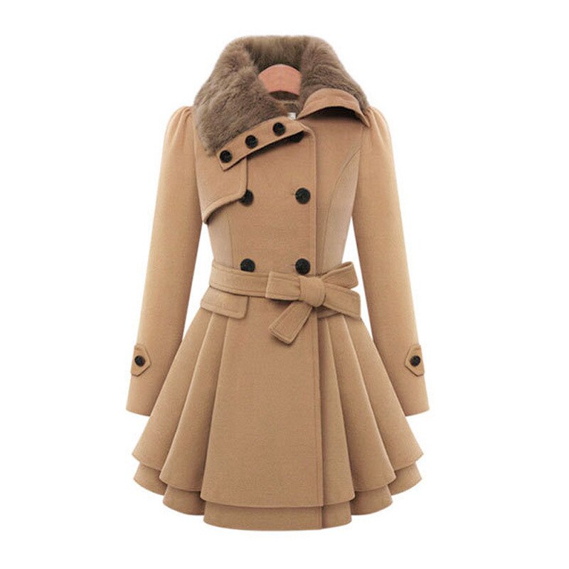 Women's Trench Coat - Wool Blend - Double-Breasted - Fur Collar - Belted Waist