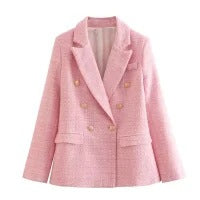 Women's Tweed Blazer - Double Breasted - Tailored Fit - Peak Lapels - Flap Pockets