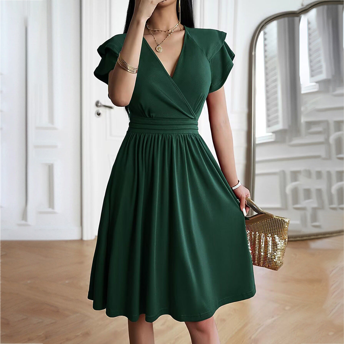 Women's fashionable temperament Elegant midi dress with V-neckline