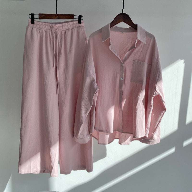 Cotton linen shirt and high-waisted trousers in a set