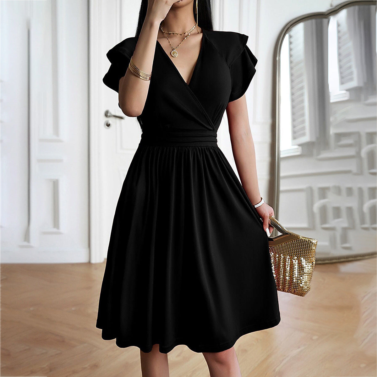 Women's fashionable temperament Elegant midi dress with V-neckline