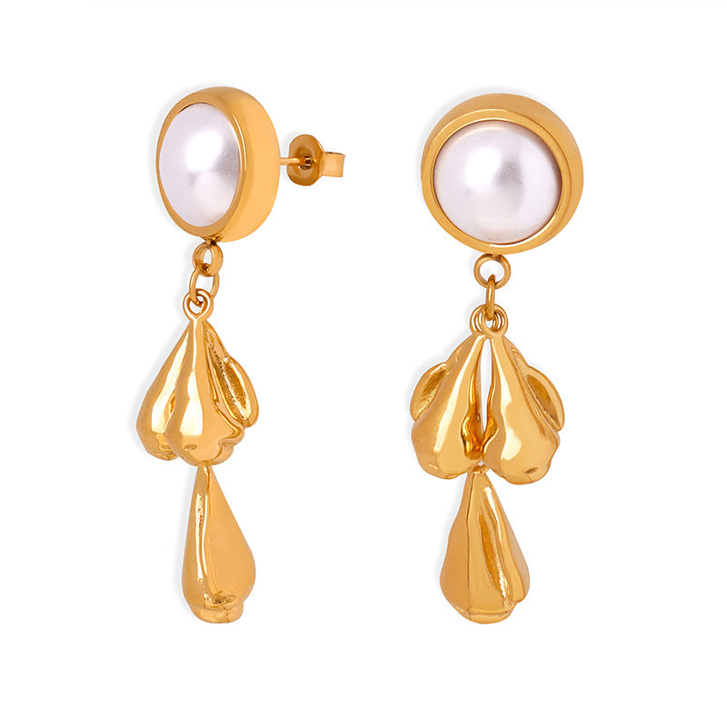 Aurelia - Pearl stud earrings with textured teardrop pendants