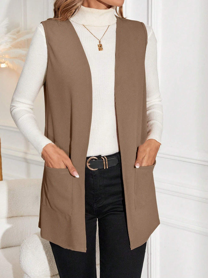 Women's Sleeveless Vest - Open Front - Longline Tailored Fit - Dual Pocket Layering Piece