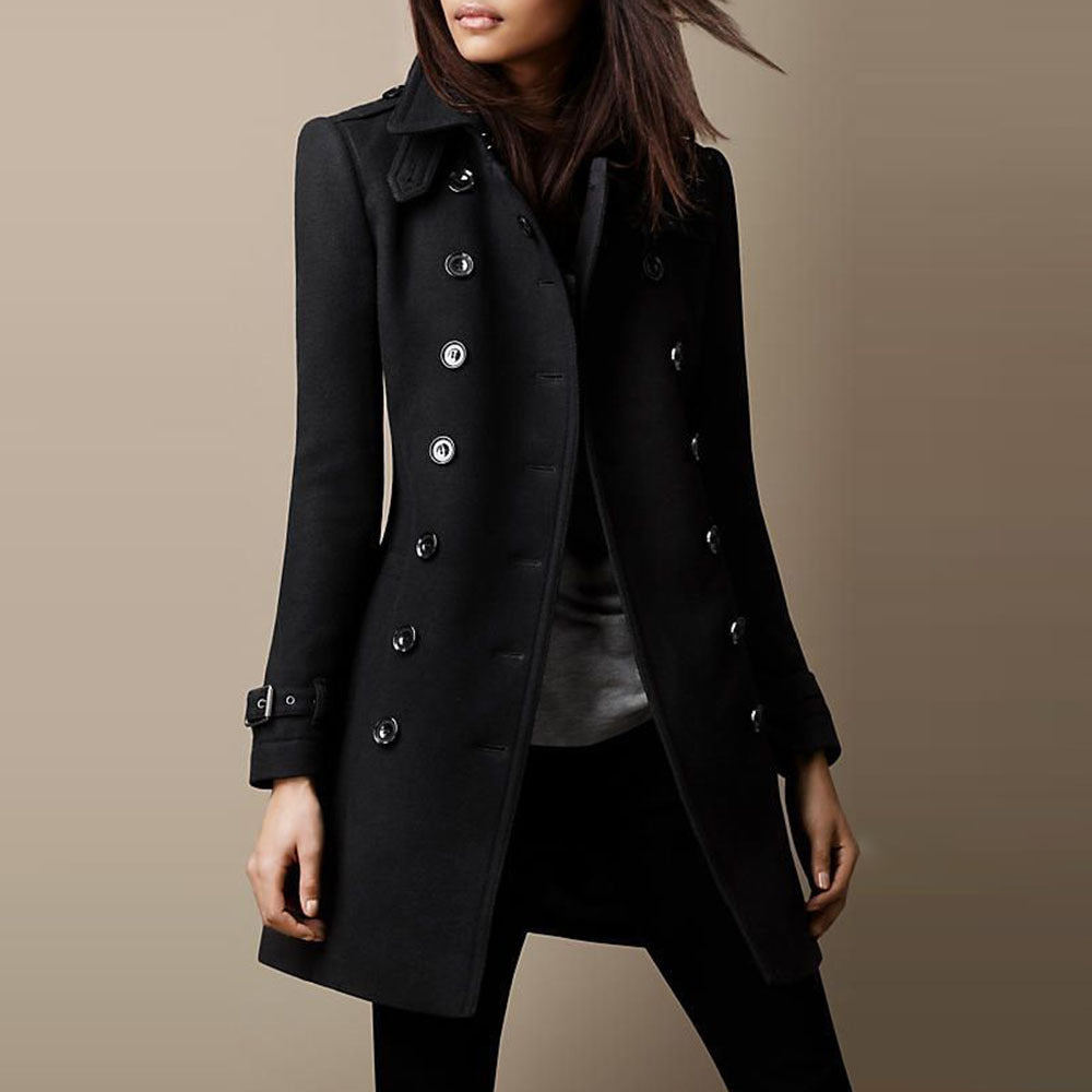 Women's Double-Breasted Coat - Tailored Fit - Notched Lapels - Button-Up Front
