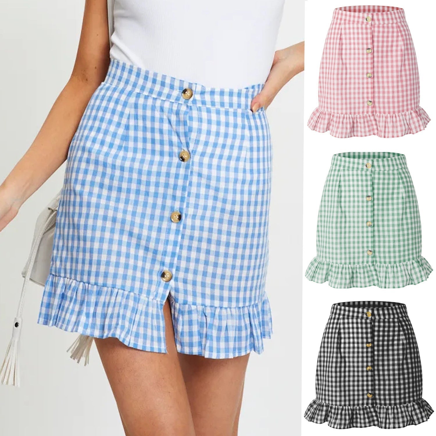 Ladies Checked Lotus Leaf Skirt High Waist