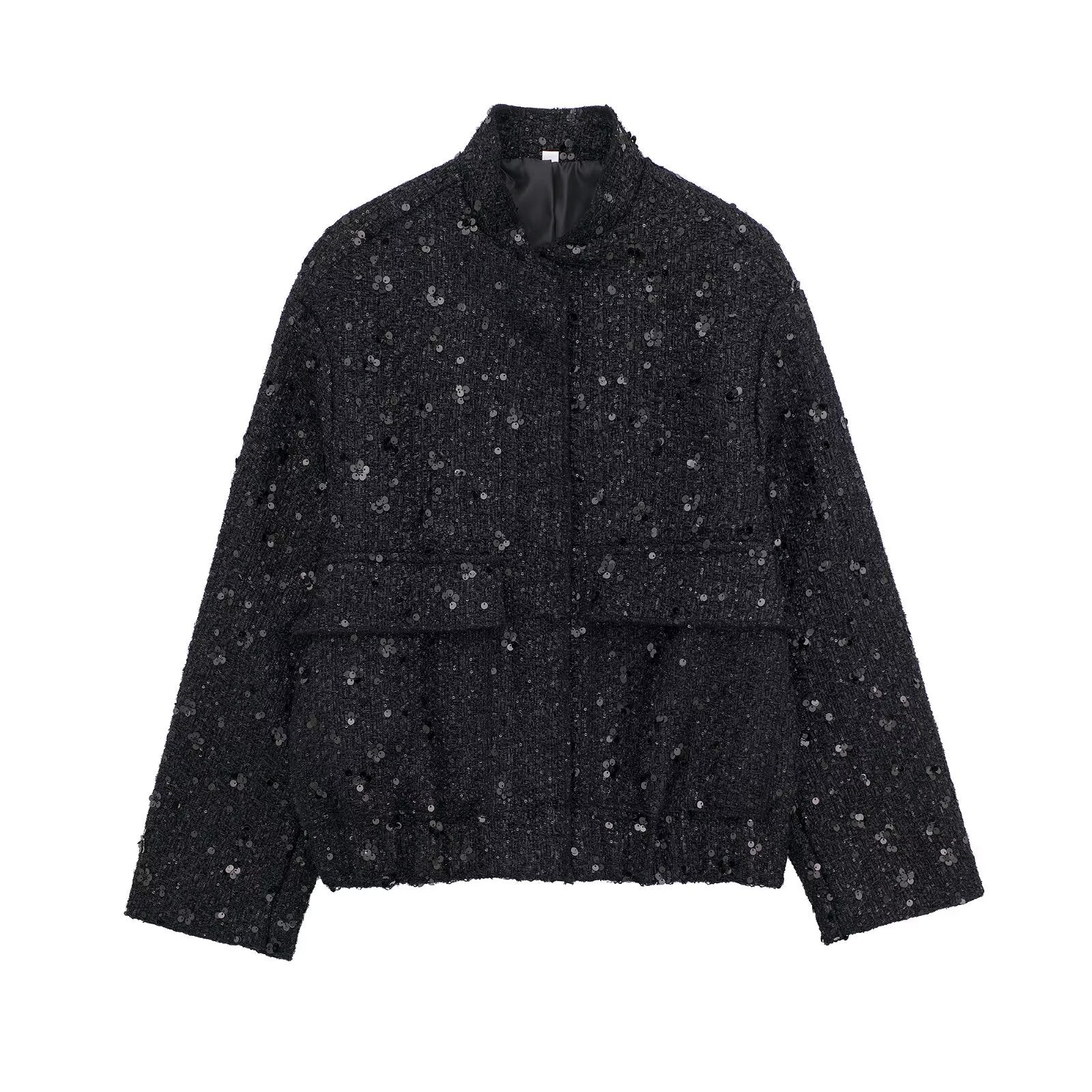 Stand collar shiny sequin jacket for women