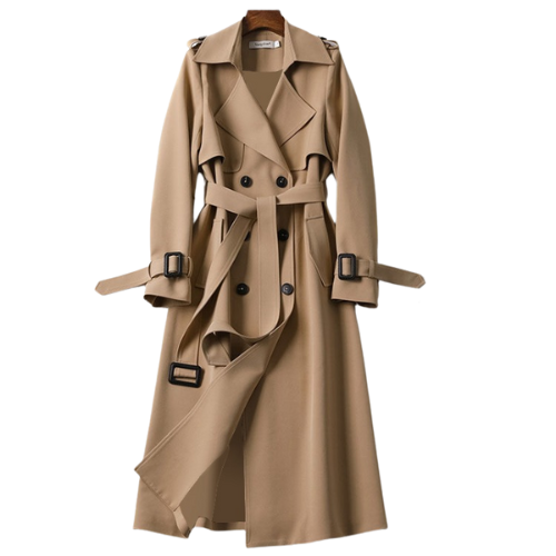 Women's Trench Coat - Double-Breasted - Belted Waist - Wide Lapel - Classic Fit