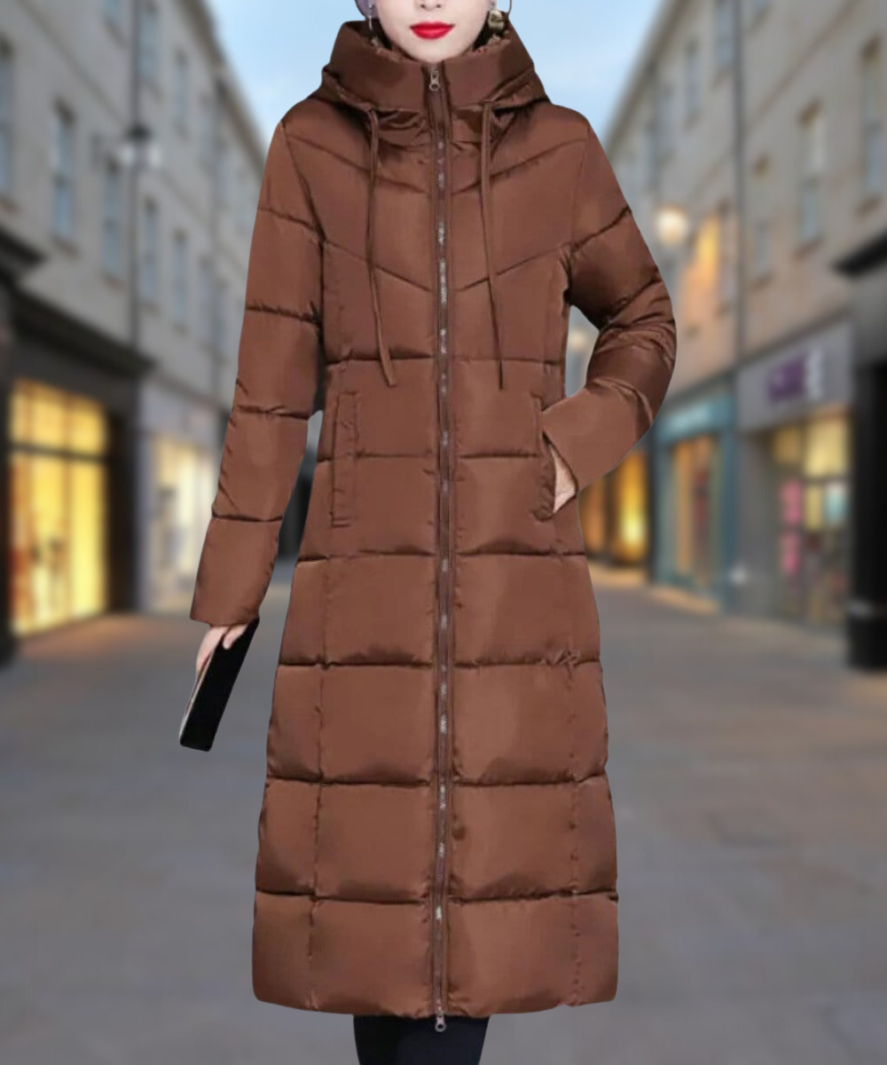 Women's Long Puffer Coat - Quilted Insulated Design - High Collar - Full Zip