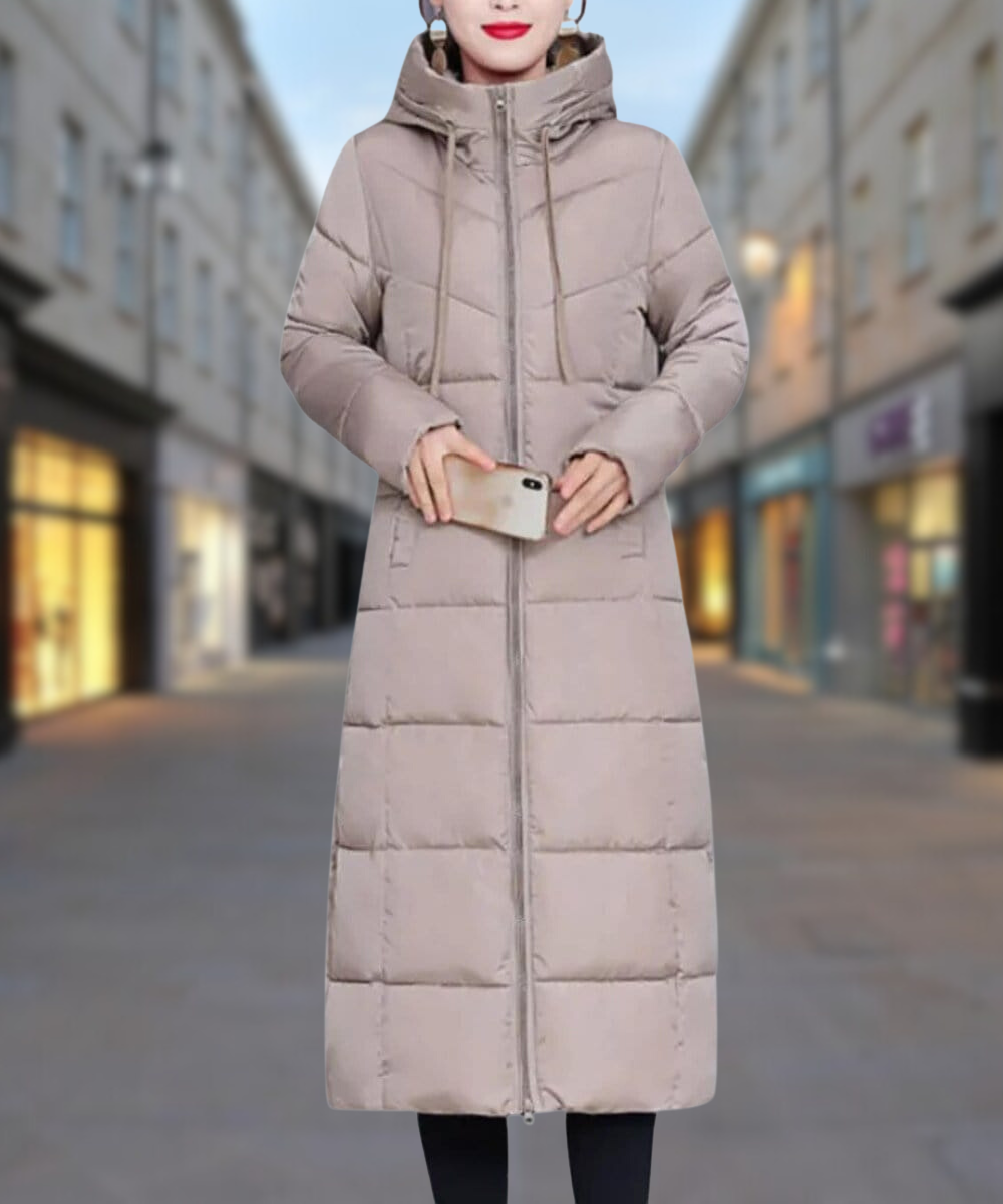Women's Long Puffer Coat - Quilted Insulated Design - High Collar - Full Zip